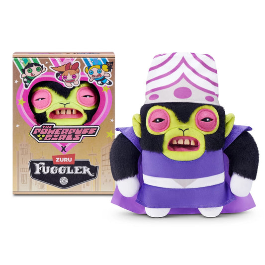 The Fuggler x Powerpuff Girls Mojo Jojo plush toy displayed next to its collector box, featuring a monkey face, brain helmet, and purple cape.
