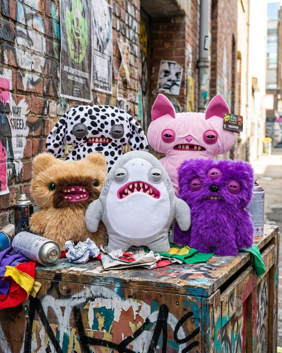 Colorful plush toys on a graffiti-covered wall