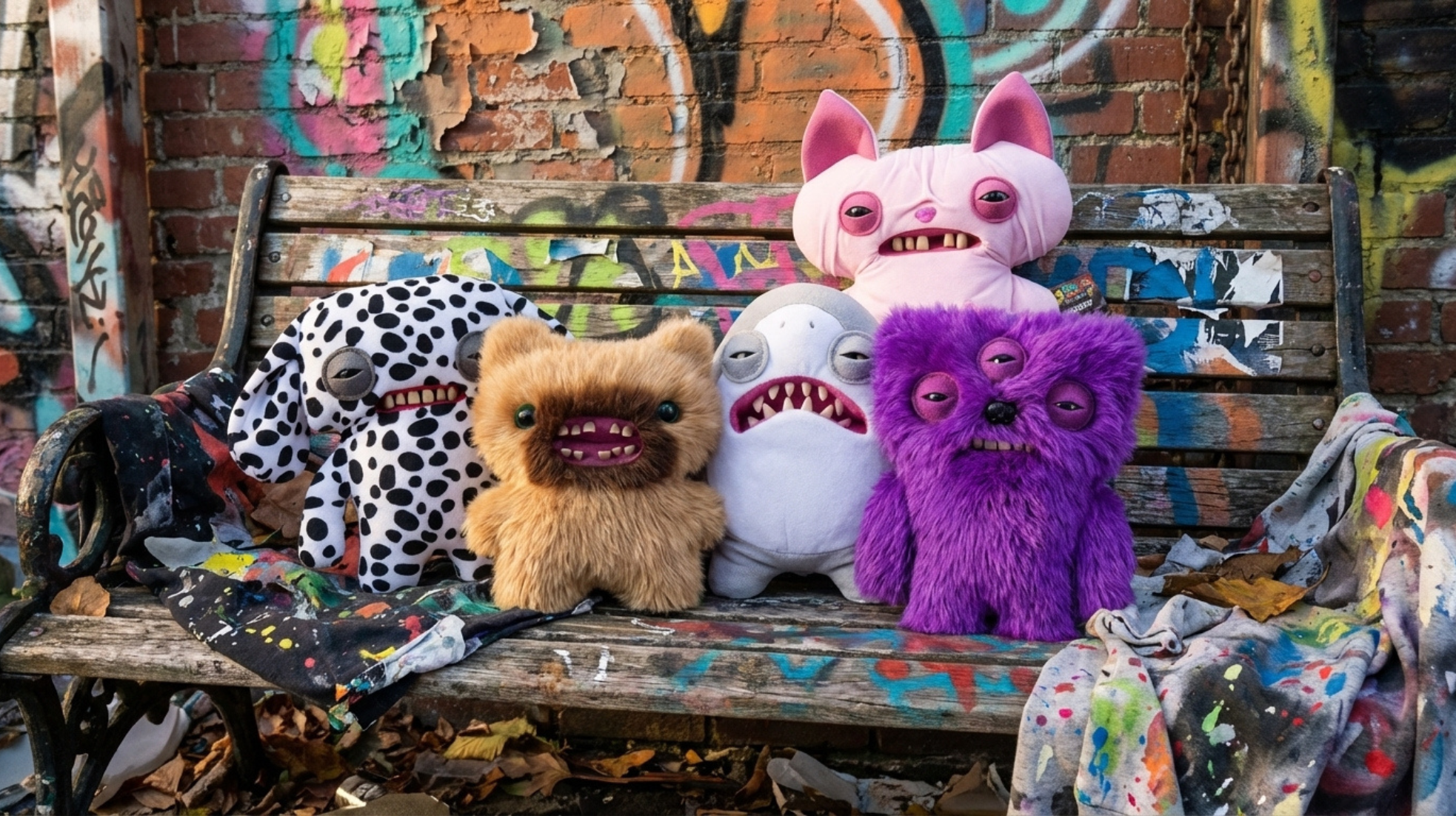 A group of Fugglers Funny Ugly Monsters Plush on a graffitied bench and graffiti wall background. 