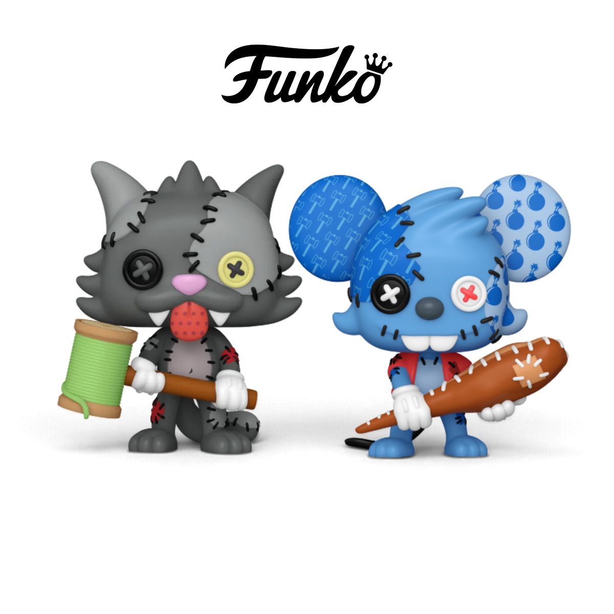 Funko vinyl figures of Simpsons Itchy and Scratchy on a white background with the Funko logo above them. 
