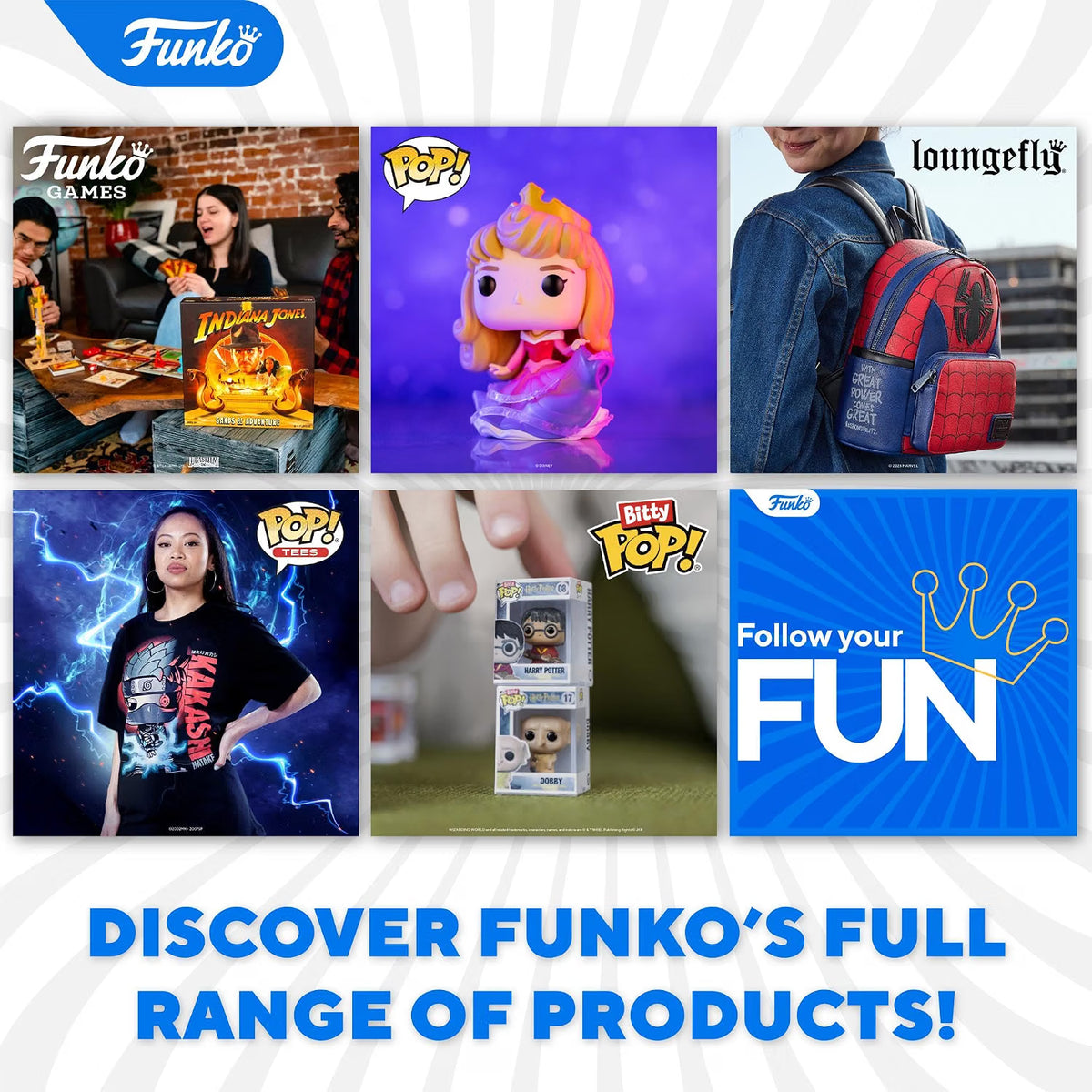 Promotional image of Funko products including figures, a backpack, and promotional text on a white background.