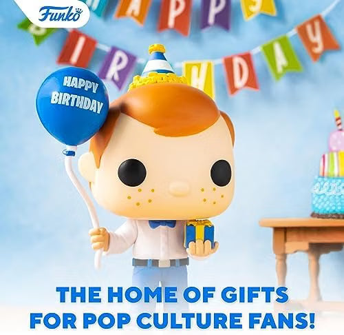 Funko pop figure with birthday hat and balloon, surrounded by 'Happy Birthday' banner and cake.