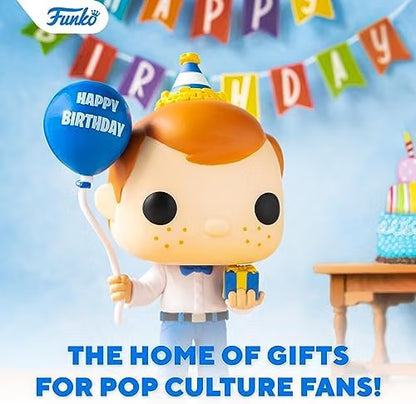 Funko pop figure with birthday hat and balloon, surrounded by 'Happy Birthday' banner and cake.