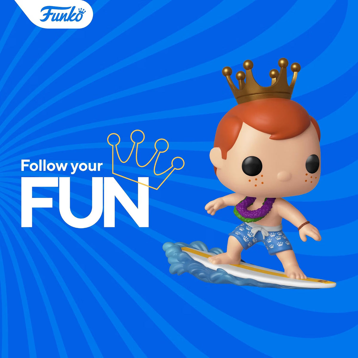 Funko Pop! figurine of a character with a crown on a blue background with 'Follow your Fun' text.