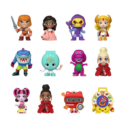 Funko Mystery Minis Mattel 80th Anniversary collection of possible figures including He-Man, Skeletor, Barbie, Polly Pocket, Barney, and more.