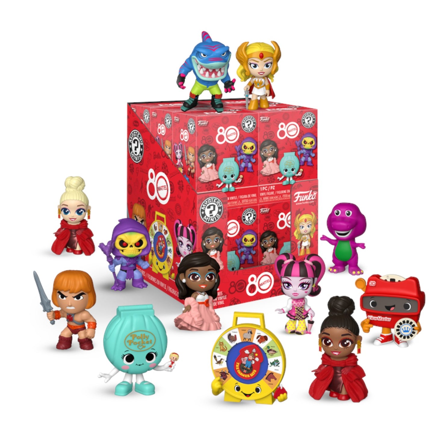 Funko Mystery Minis Mattel 80th Anniversary blind box packaging and a collection of possible figures including He-Man, Skeletor, Barbie, Polly Pocket, Barney, and more.