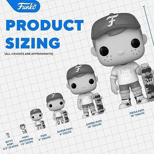Funko product sizing chart with various sized figures on a grid background