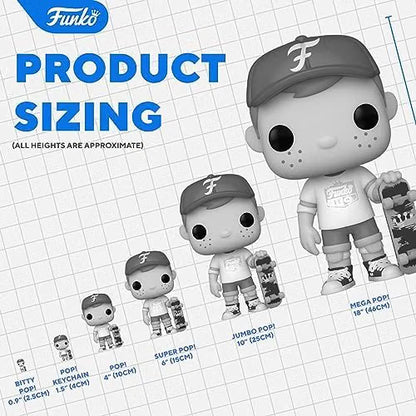 Funko product sizing chart with various sized figures on a grid background