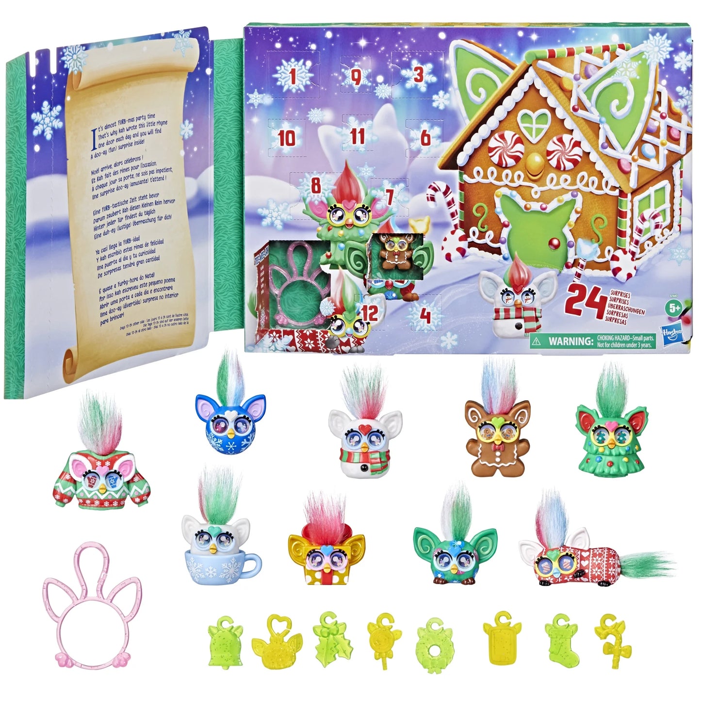 The Furby Minis Advent Calendar box next to its 24 surprise contents, including 9 small Furby figures, 8 charms, a clip, and 5 stickers.