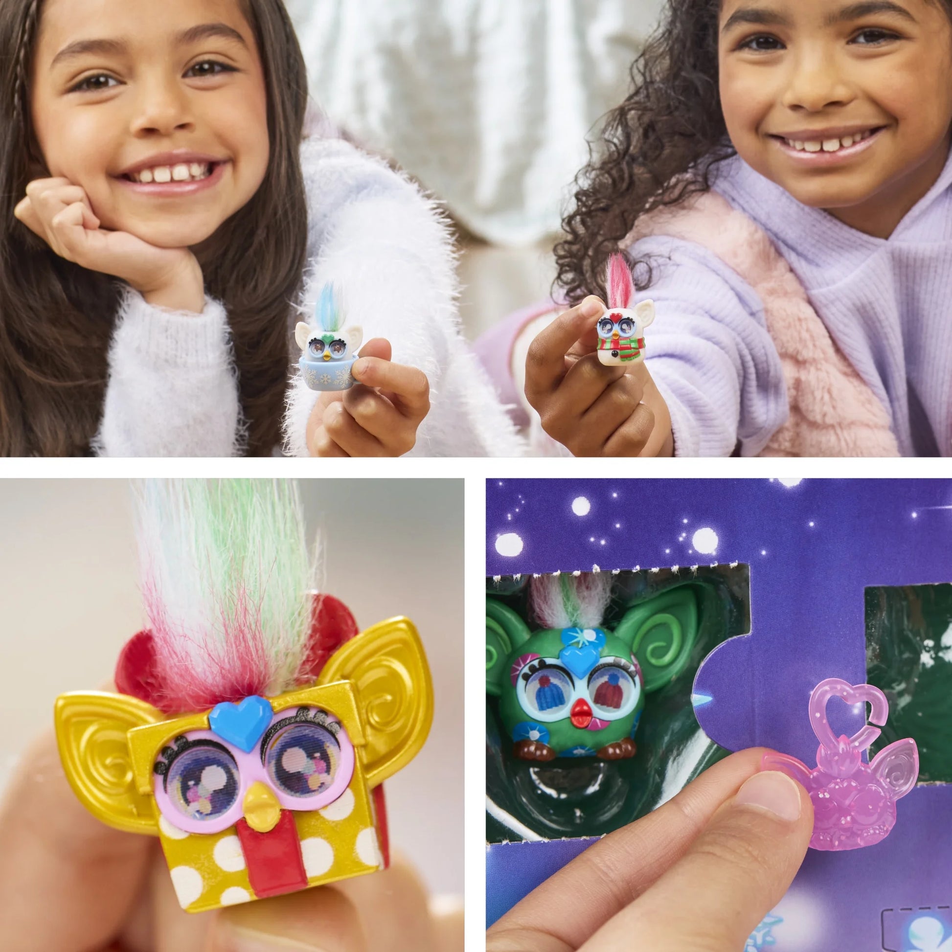 A collage showing the miniature holiday Furby's contained in the new Furby Holiday Advent Calendar. 