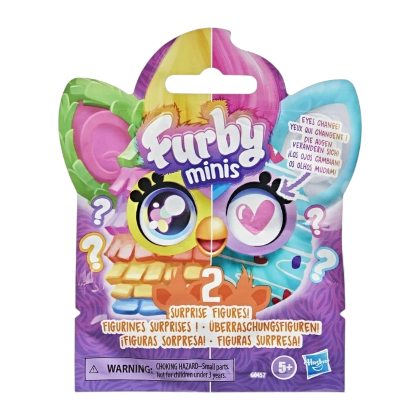 Furby minis toy package with colorful design on a white background