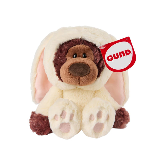 GUND Easter Moment Philbin Bunny 10-inch plush, a chocolate brown teddy bear wearing a cream rabbit costume with a removable hood.