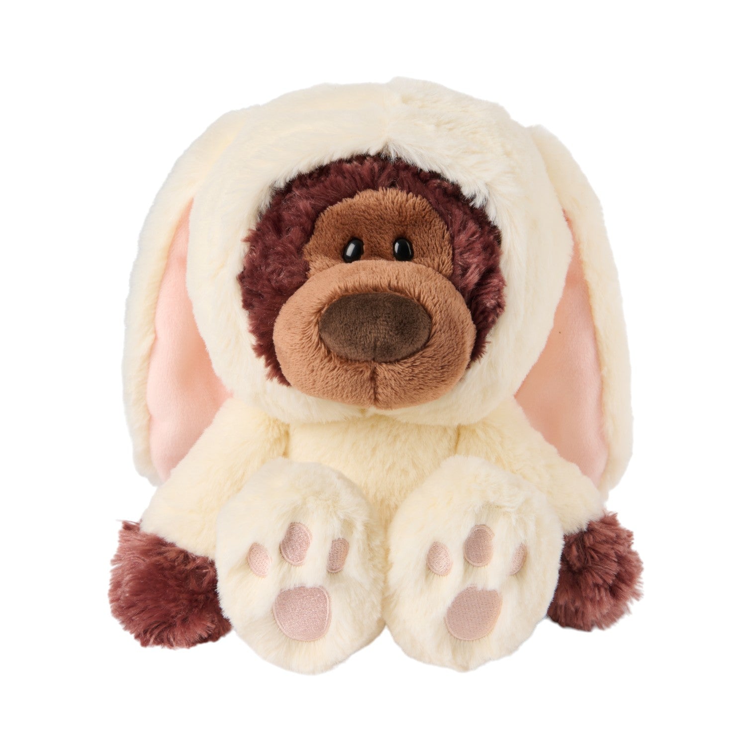GUND Easter Moment Philbin Bunny 10-inch plush, a chocolate brown teddy bear wearing a cream rabbit costume with a removable hood.