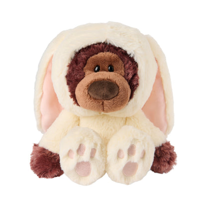 GUND Easter Moment Philbin Bunny 10-inch plush, a chocolate brown teddy bear wearing a cream rabbit costume with a removable hood.