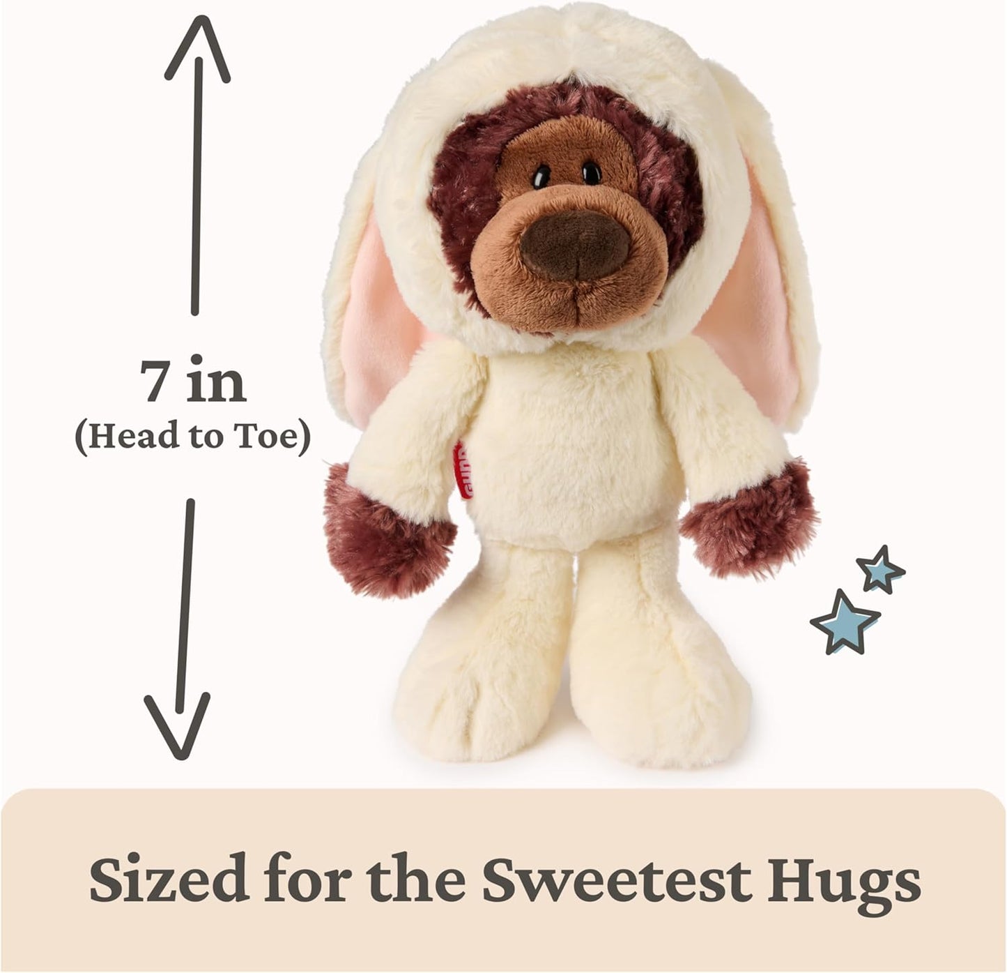 Stuffed animal toy with measurement text on a white background