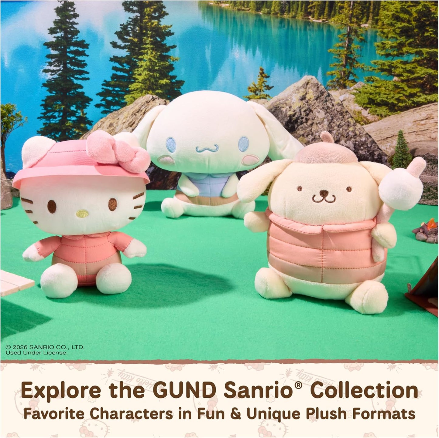 GUND Sanrio Camp Hello Kitty 6-inch plush toy wearing a coral puffer jacket and pink bucket hat