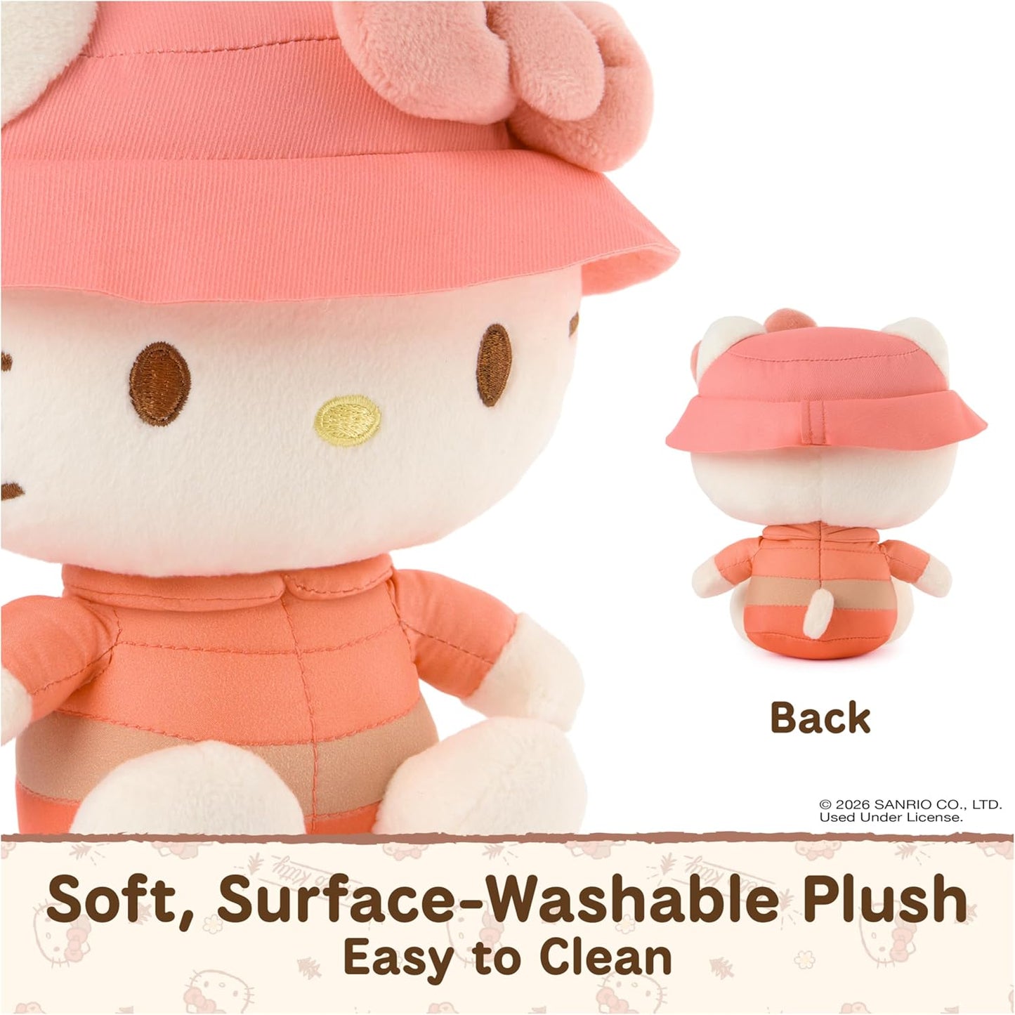 GUND Sanrio Camp Hello Kitty 6-inch plush toy wearing a coral puffer jacket and pink bucket hat