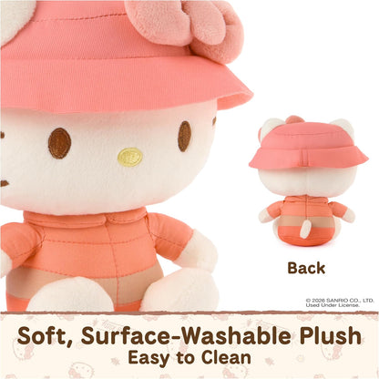 GUND Sanrio Camp Hello Kitty 6-inch plush toy wearing a coral puffer jacket and pink bucket hat