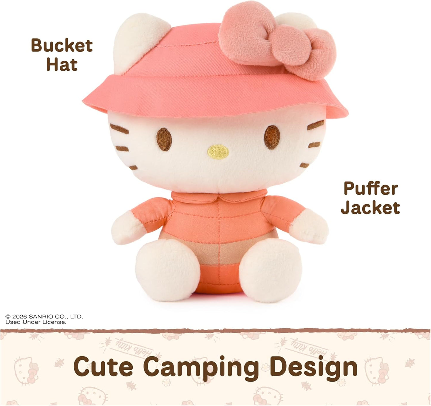 GUND Sanrio Camp Hello Kitty 6-inch plush toy wearing a coral puffer jacket and pink bucket hat
