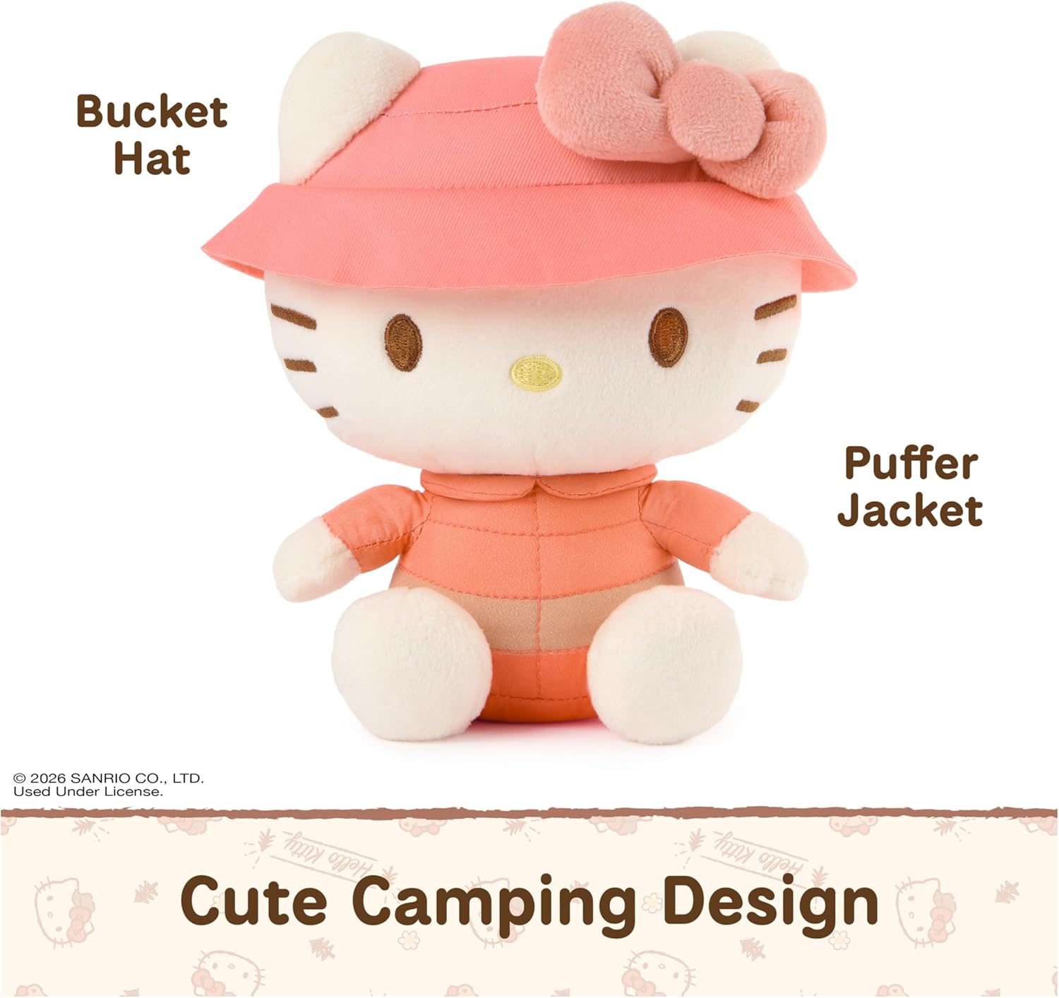 GUND Sanrio Camp Hello Kitty 6-inch plush toy wearing a coral puffer jacket and pink bucket hat