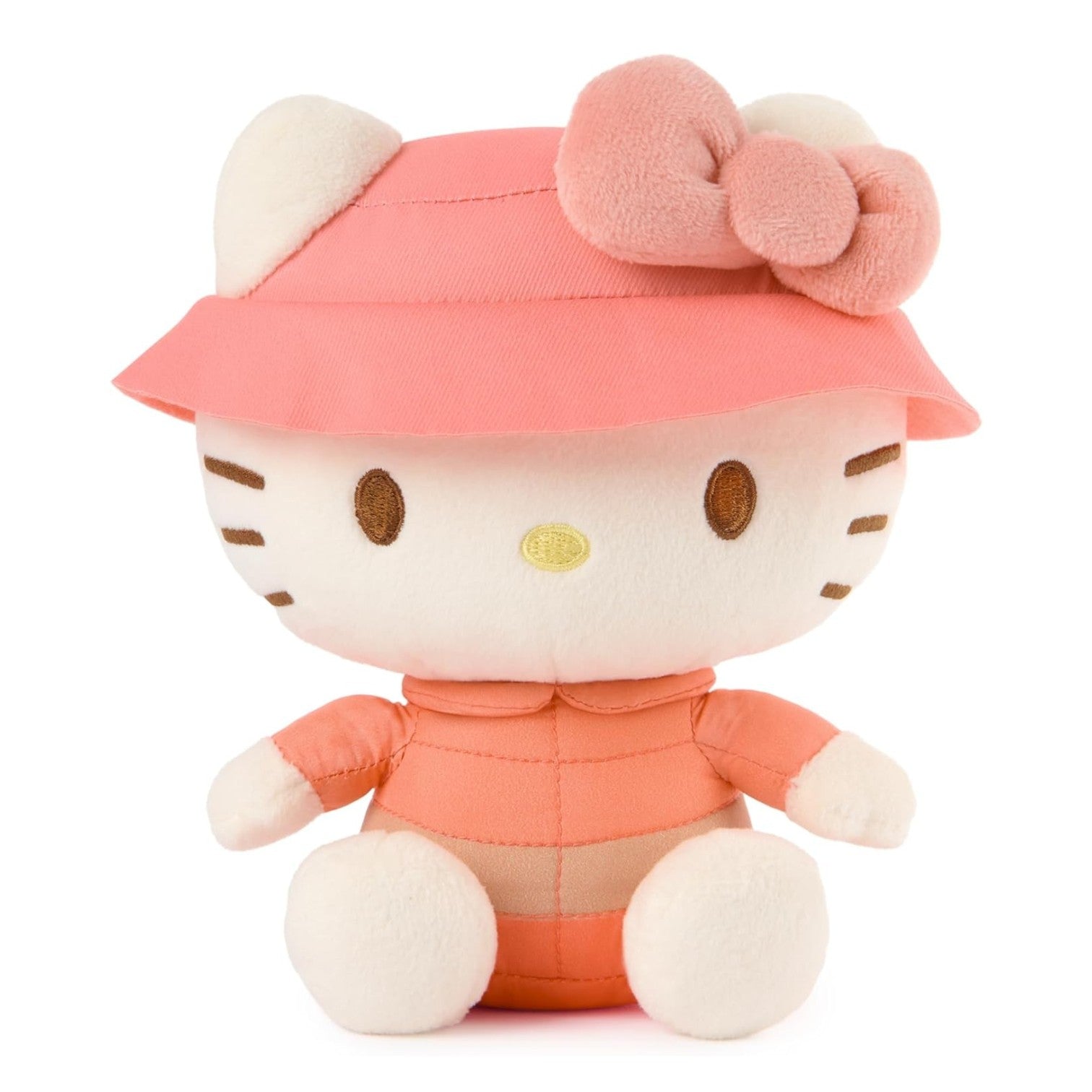 GUND Sanrio Camp Hello Kitty 6-inch plush toy wearing a coral puffer jacket and pink bucket hat