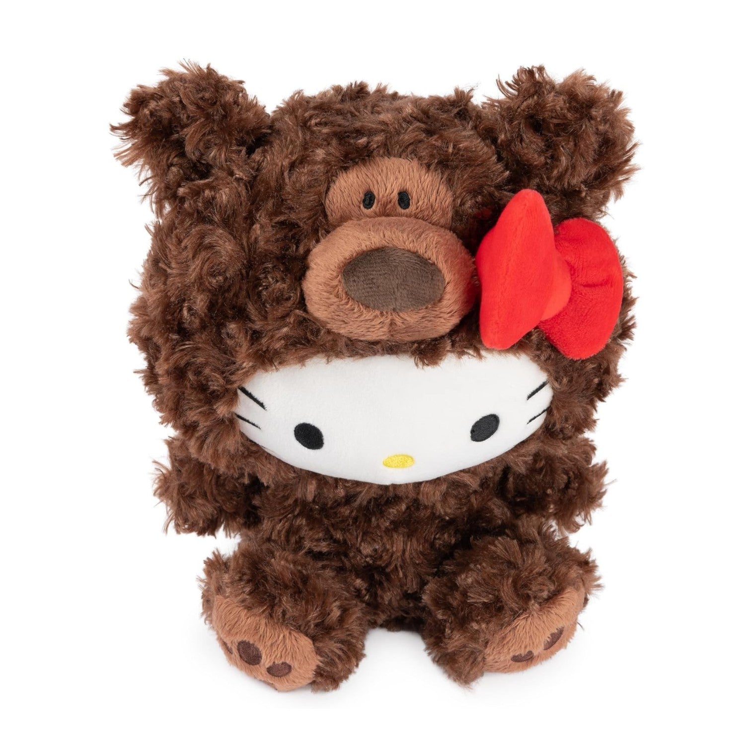 GUND Sanrio Hello Kitty Philbin 10-inch plush featuring Hello Kitty wearing a soft chocolate-brown teddy bear suit with a red bow