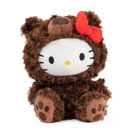 GUND Sanrio Hello Kitty Philbin 10-inch plush featuring Hello Kitty wearing a soft chocolate-brown teddy bear suit with a red bow