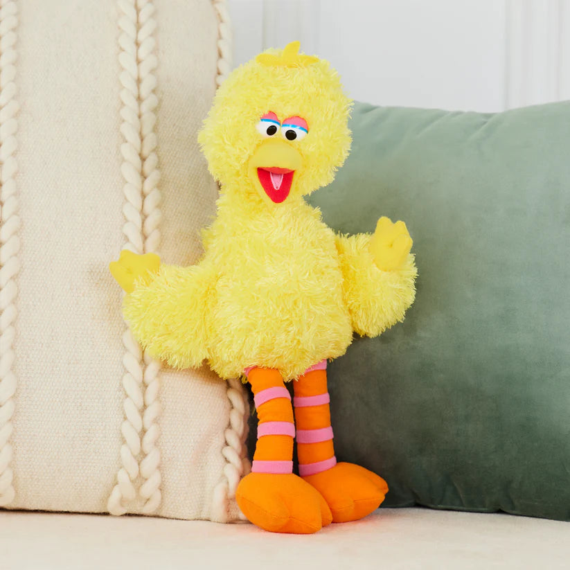 GUND Sesame Street Big Bird 14-inch plush, a shaggy yellow bird with orange and pink striped legs.