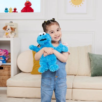 Child holding GUND Sesame Street Cookie Monster 12-inch plush in a living room setting