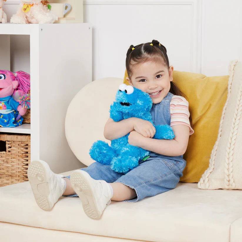Child holding GUND Sesame Street Cookie Monster 12-inch plush  on a couch with a white wall and shelves in the background