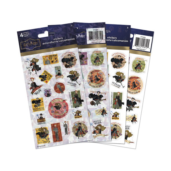 Four packs of Harry Potter-themed stickers on a white background