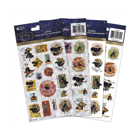 Four packs of Harry Potter-themed stickers on a white background