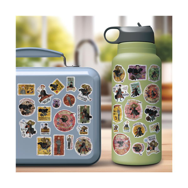 Lunch box and water bottle with decorative stickers on a blurred background