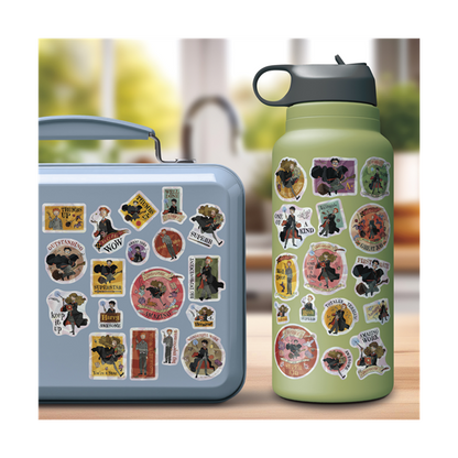 Lunch box and water bottle with decorative stickers on a blurred background