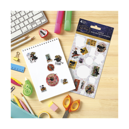 Sticker sheet and packaging on a desk with stationery items