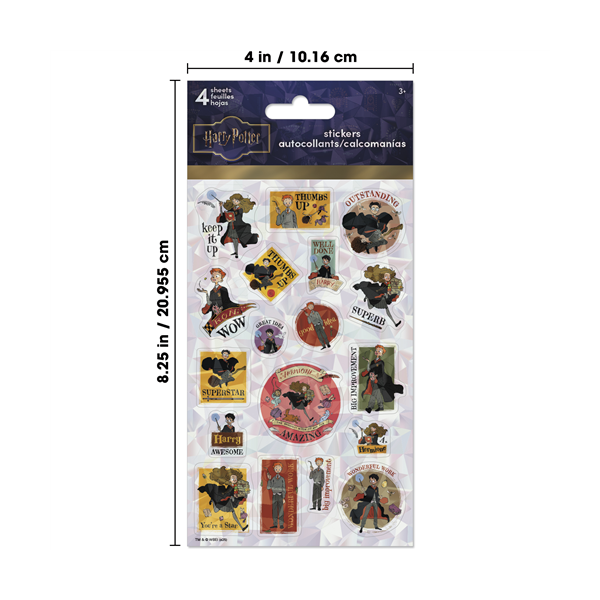 Pack of Harry Potter-themed stickers with dimensions indicated
