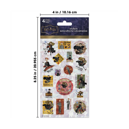 Pack of Harry Potter-themed stickers with dimensions indicated
