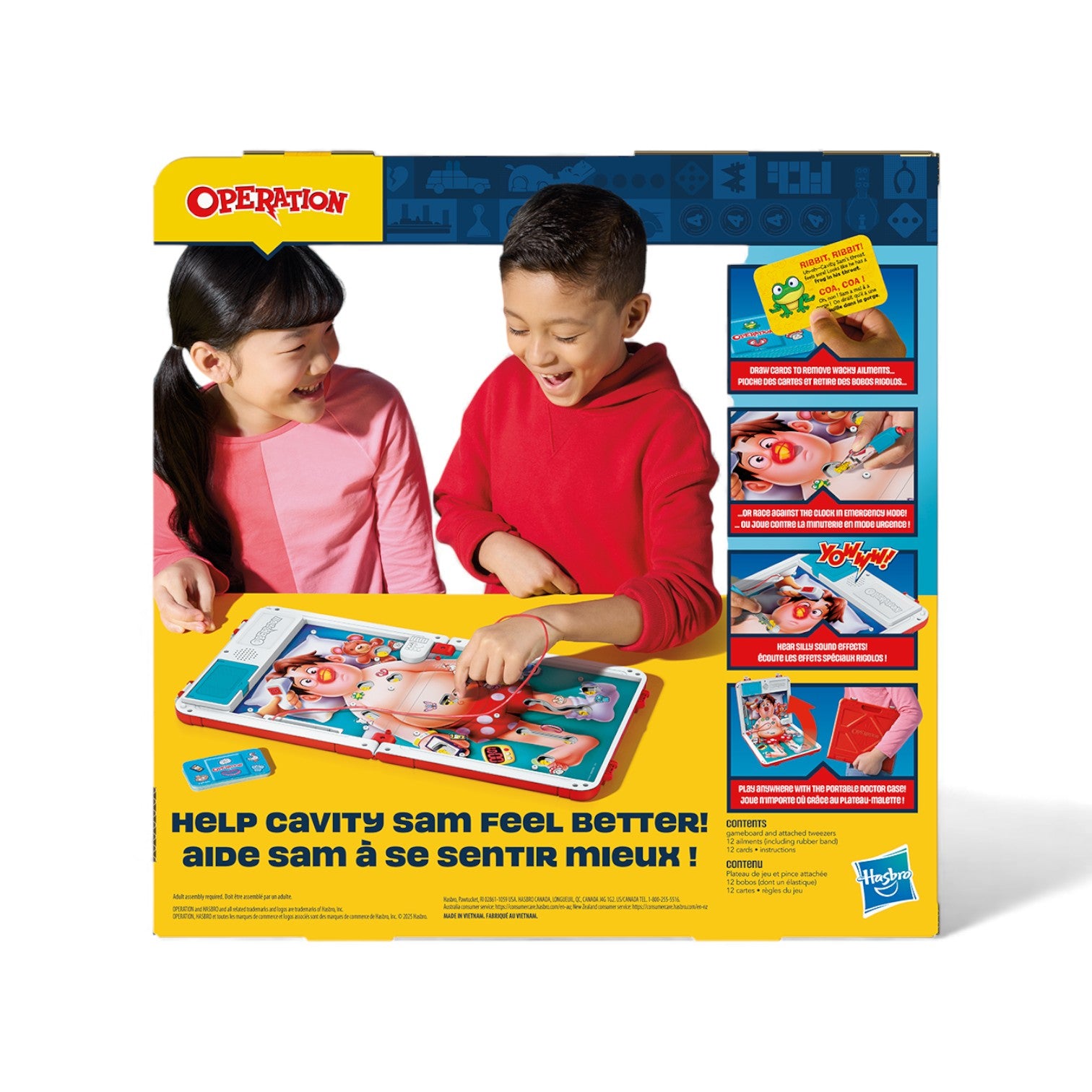 Operation game box with two children playing on a white background