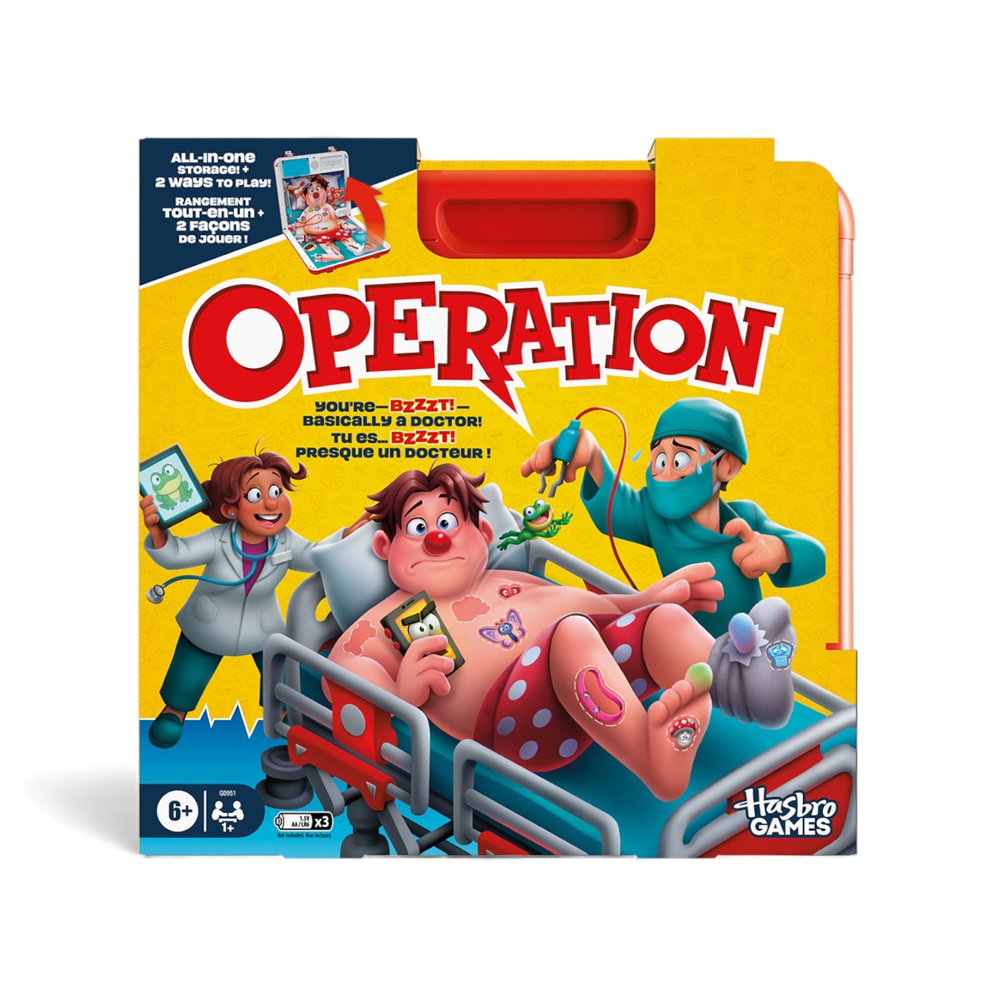 Packaging for Hasbro's Operation game, bilingual edition, featuring Cavity Sam on the operating table and doctors playing in both Hospital and Emergency modes.