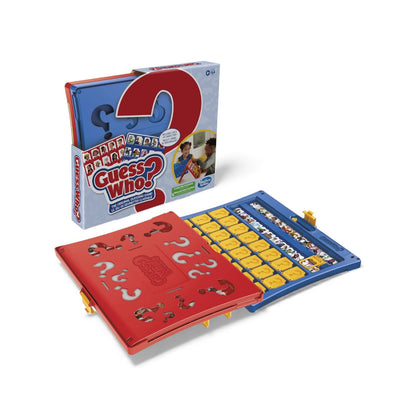 Guess Who? board game with red and blue components on a white background