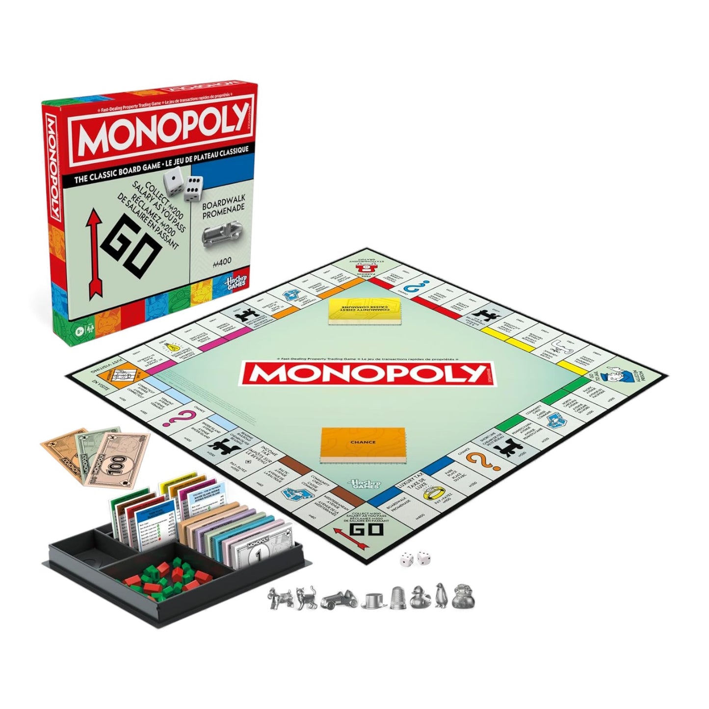 Monopoly board game set with packaging on a white background
