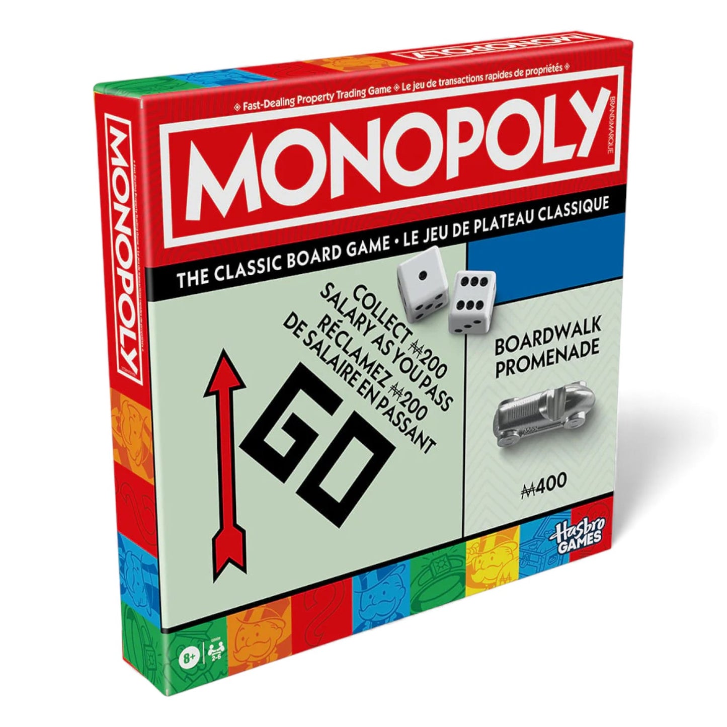 Packaging for Hasbro's Monopoly: Classic Board Game, bilingual edition, featuring the game board, dice, metal racecar token, and property cards.