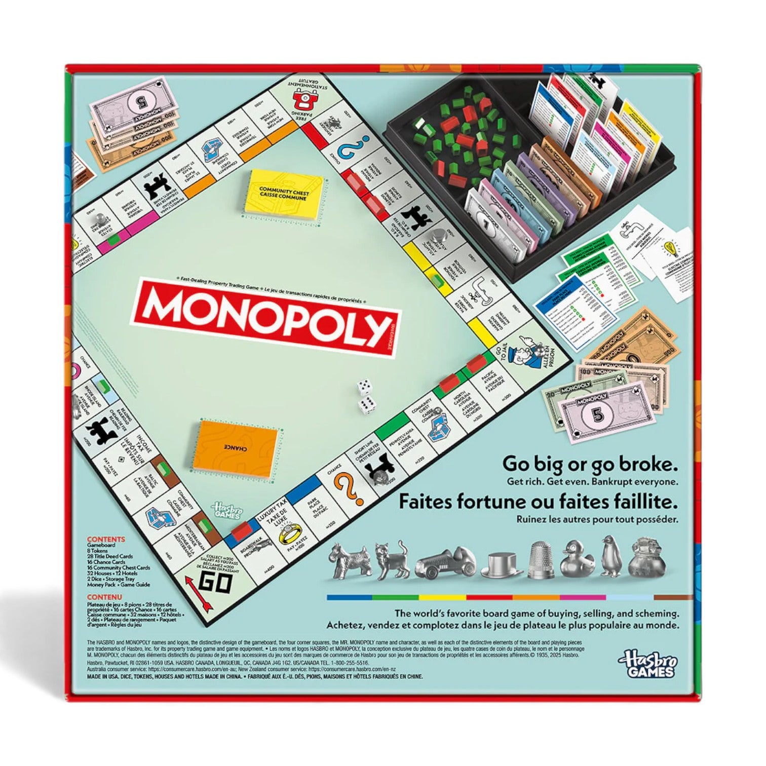 Monopoly board game packaging with colorful components on a white background