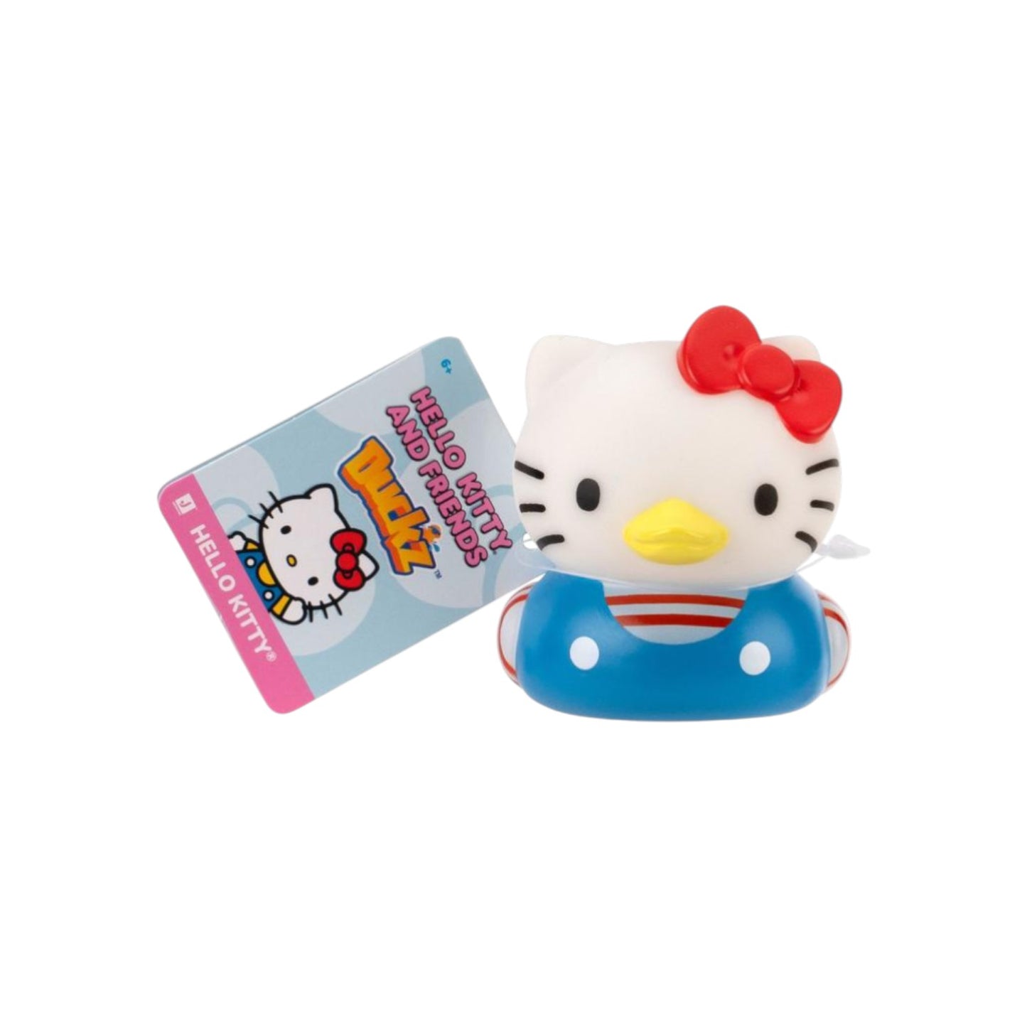 Hello Kitty and Friends Duckz Hello Kitty 2-inch figure, a stylized duck mashup with blue overalls and red bow.
