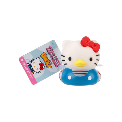 Hello Kitty and Friends Duckz Hello Kitty 2-inch figure, a stylized duck mashup with blue overalls and red bow.