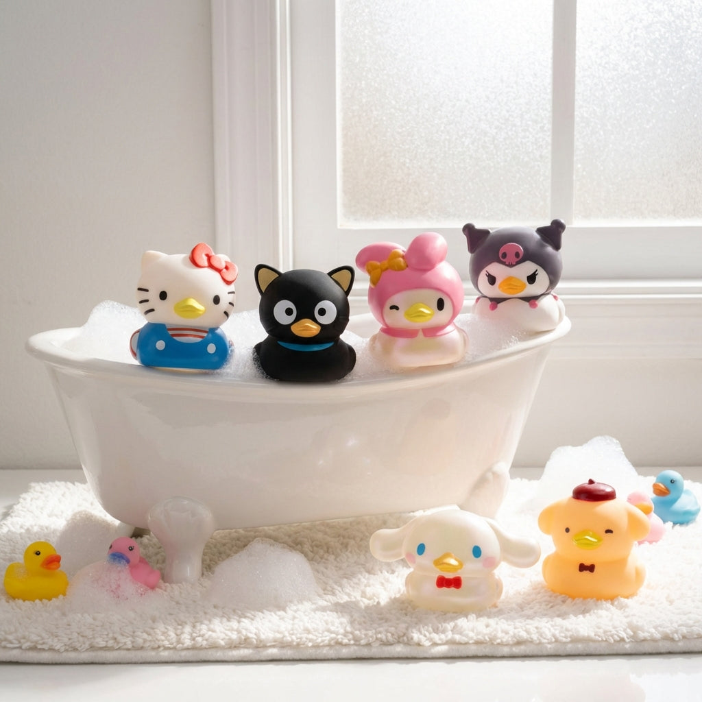 Hello Kitty and Friends Duckz figures lined up on a wooden bath tray, featuring Hello Kitty, My Melody, Kuromi, Cinnamoroll, Chococat, and Pompompurin.