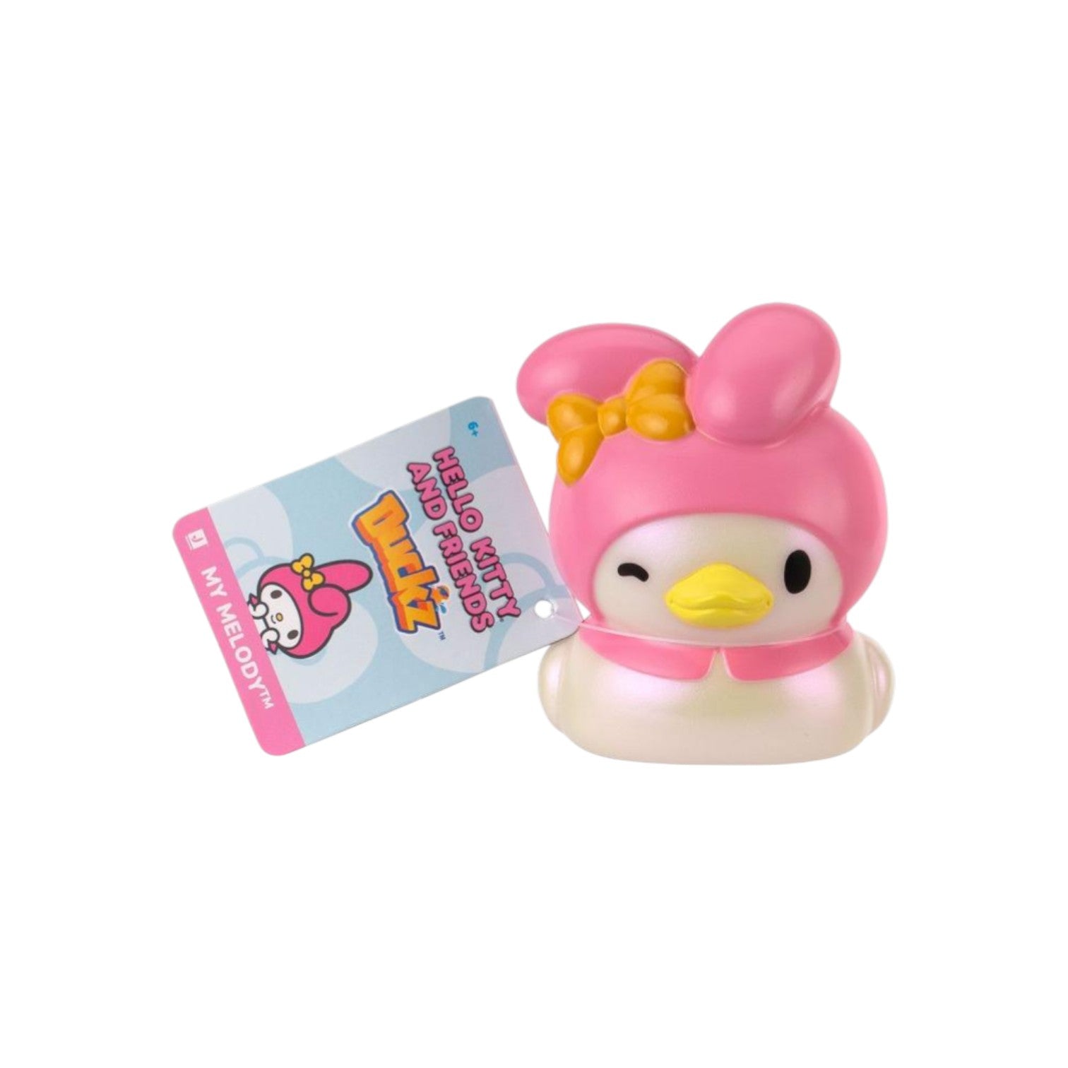 Hello Kitty and Friends Duckz My Melody 2-inch figure, a stylized duck mashup wearing a pink hood and blue bow.