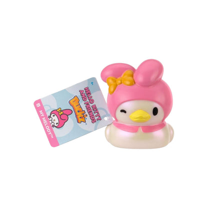 Hello Kitty and Friends Duckz My Melody 2-inch figure, a stylized duck mashup wearing a pink hood and blue bow.