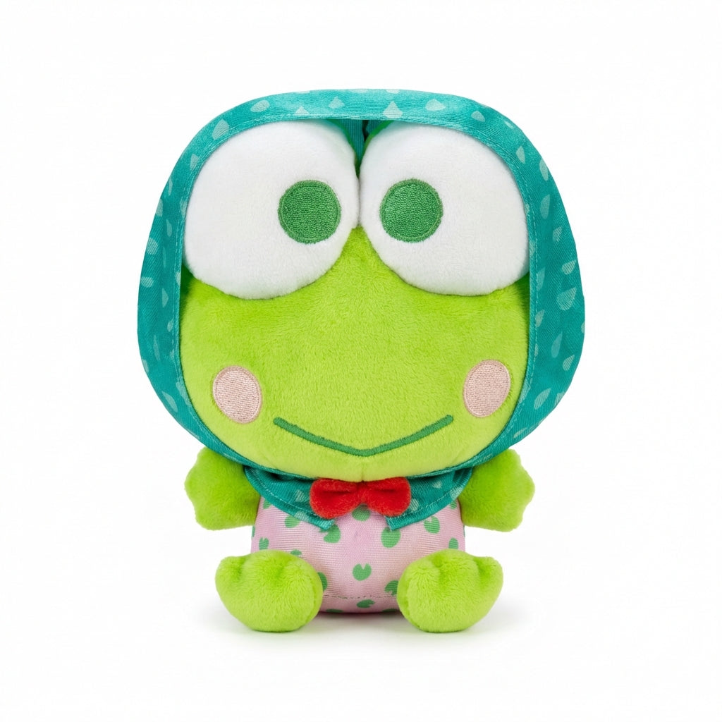 Hello Kitty and Friends plush featuring Keroppi wearing a teal raindrop-patterned hood, a red bow tie, and pink pants with green lily pads.