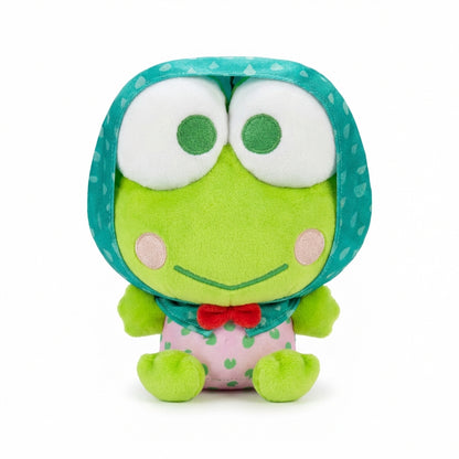 Hello Kitty and Friends plush featuring Keroppi wearing a teal raindrop-patterned hood, a red bow tie, and pink pants with green lily pads.